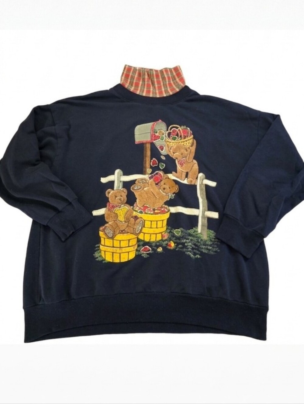 Vintage Land & Sea Navy Blue Sweatshirt Bear Design Plaid Turtleneck Size Large